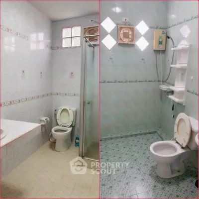 Spacious bathroom with modern fixtures and tiled walls, featuring a shower and toilet.