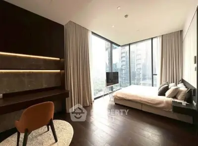 Luxurious modern bedroom with floor-to-ceiling windows and city view