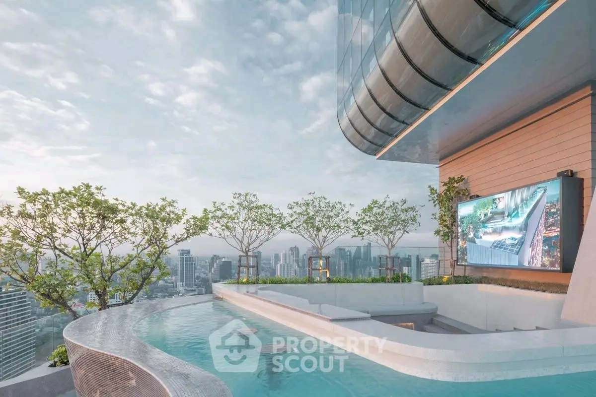 Luxurious rooftop pool with stunning city skyline view and modern design.