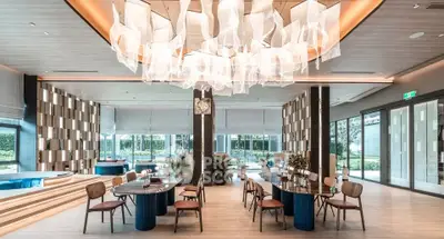 Luxurious modern interior with elegant dining area and unique chandelier, perfect for upscale living.
