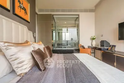 Luxurious bedroom with modern decor and large window view