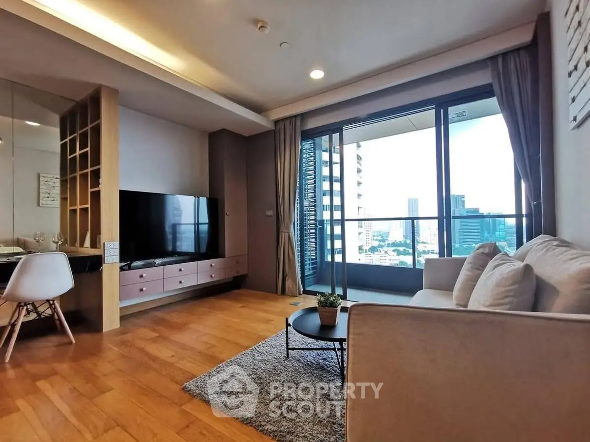 Modern living room with city view and stylish decor