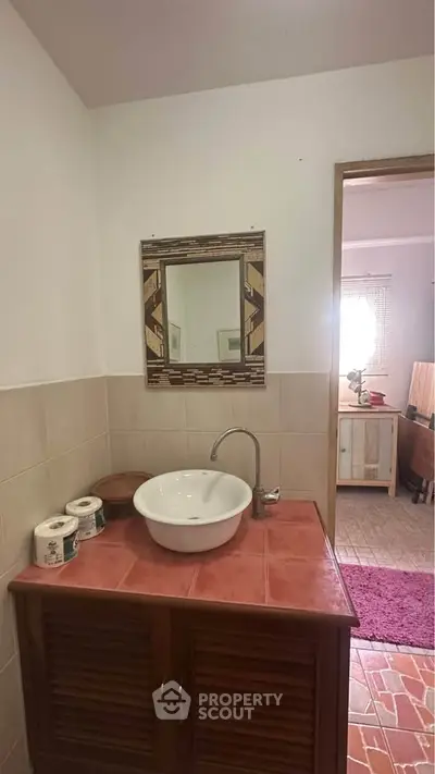 Charming bathroom with rustic vanity and stylish mirror, perfect for cozy home ambiance.