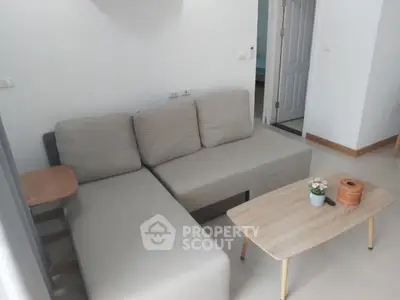Cozy living room with modern gray sofa and wooden coffee table