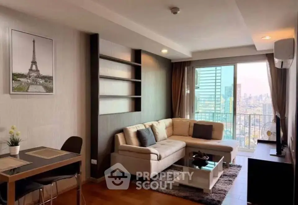 Modern living room with city view and elegant decor