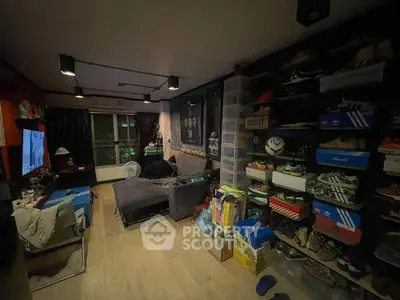 Cozy living room with modern decor and extensive shoe collection