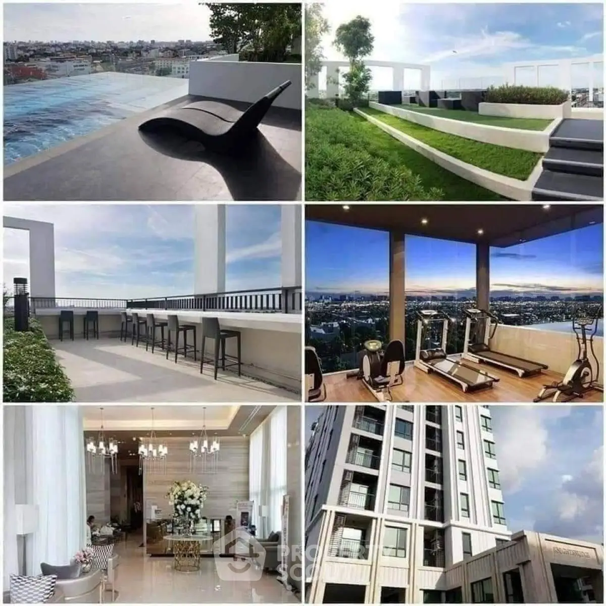 Luxurious high-rise condo with rooftop pool, gym, and stunning city views.