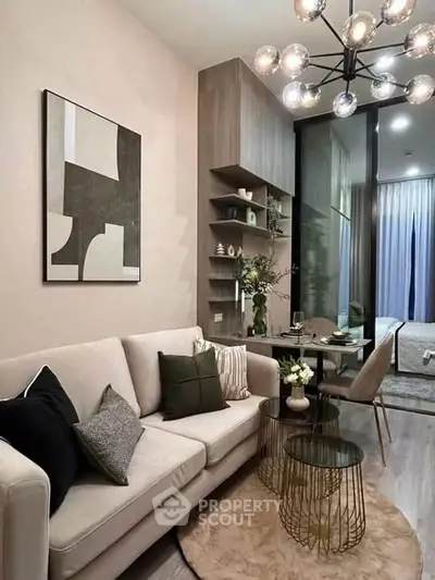 Modern living room with stylish decor and elegant lighting