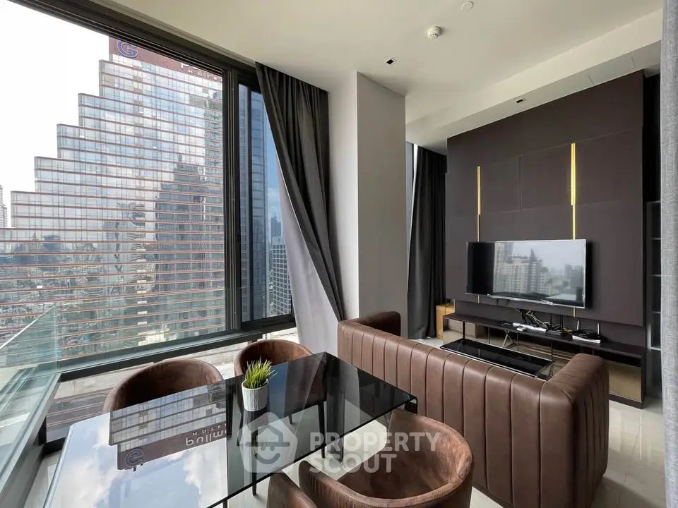 Luxurious modern living room with stunning city view and elegant furnishings