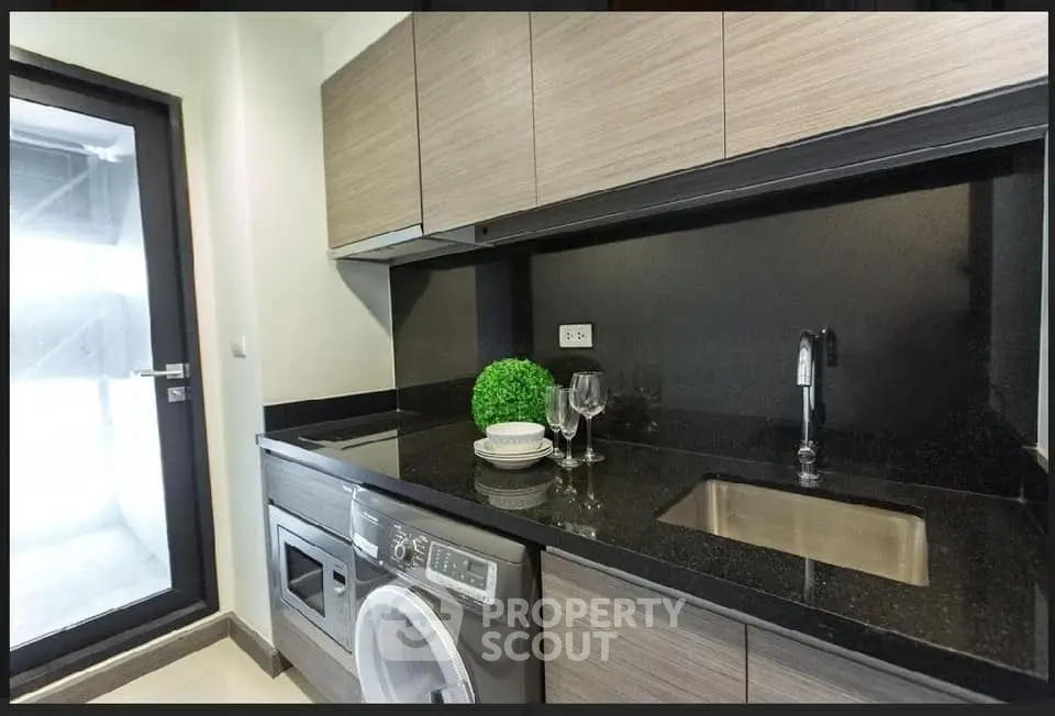 Modern kitchen with sleek cabinetry, black countertops, and built-in washing machine.