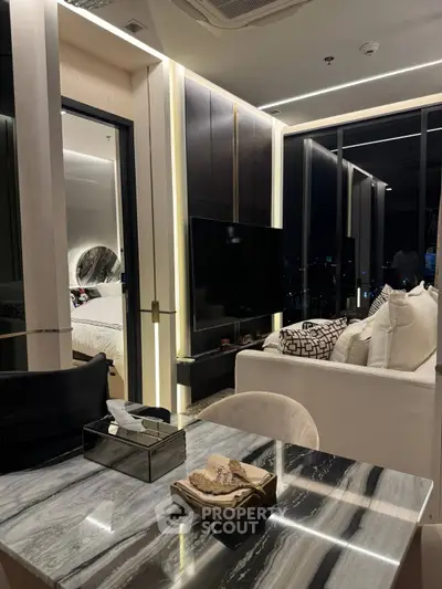 Luxurious modern living room with elegant marble table and city view