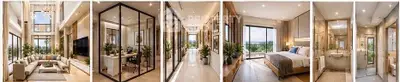 Luxurious modern apartment interior with spacious living room, elegant study, and stunning bedroom views.