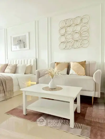 Elegant living room with modern decor and cozy seating area, perfect for relaxation and comfort.
