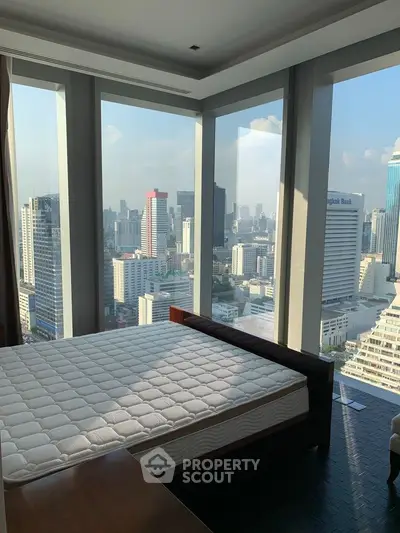 Luxurious bedroom with panoramic city view in high-rise apartment