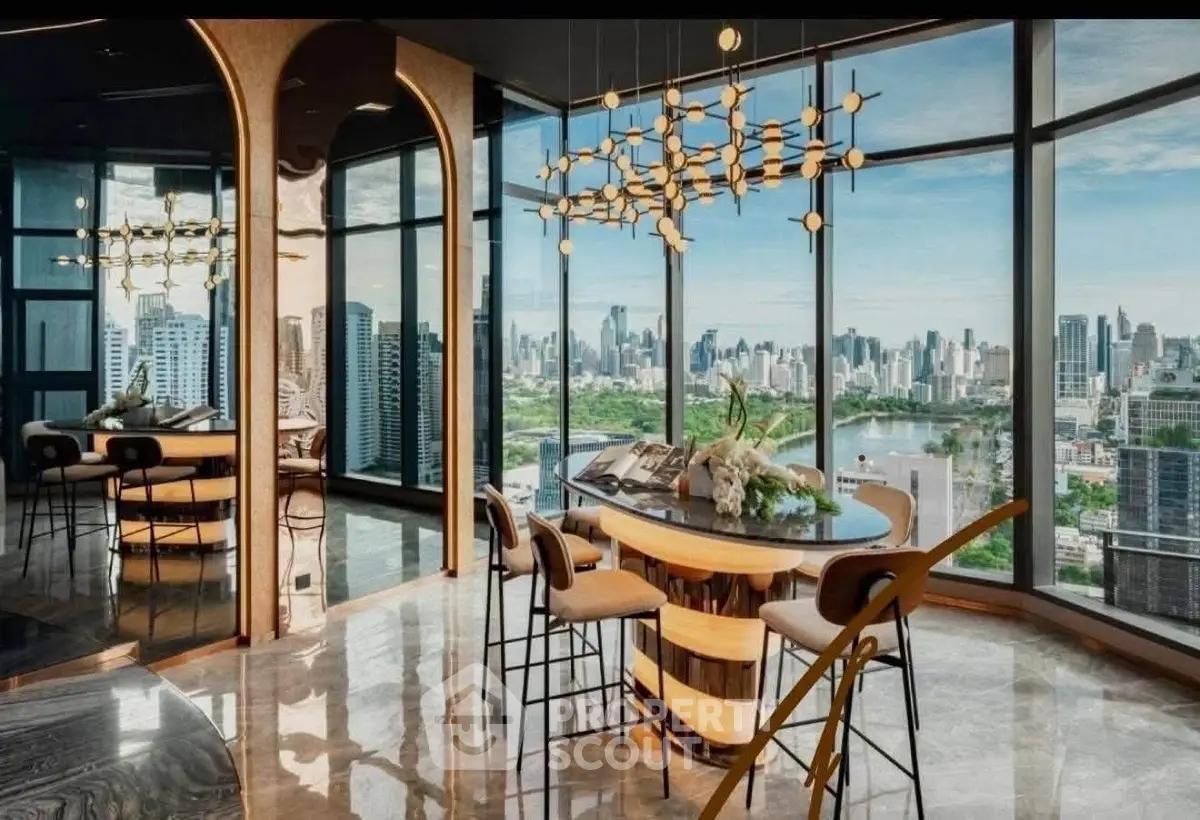 Luxurious modern dining area with panoramic city skyline views, elegant lighting, and stylish furnishings.