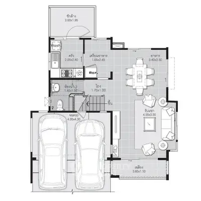 Modern floor plan showcasing spacious living area, kitchen, dining room, and two-car garage layout.
