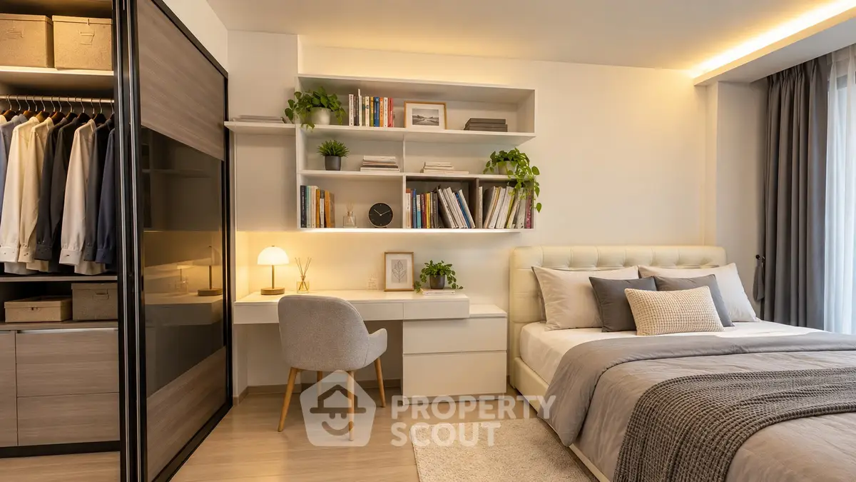 Modern bedroom with stylish decor, built-in closet, and cozy workspace.