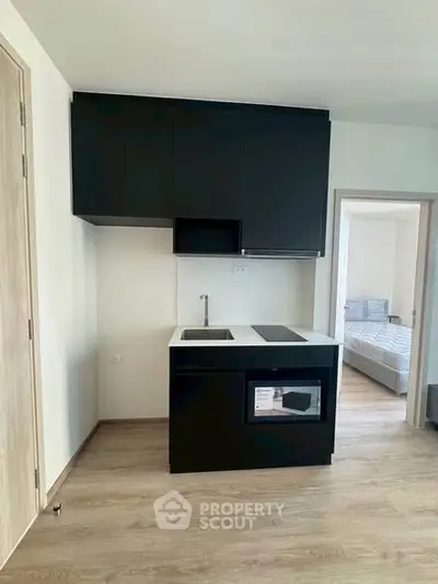 Modern compact kitchen with sleek black cabinets and built-in appliances