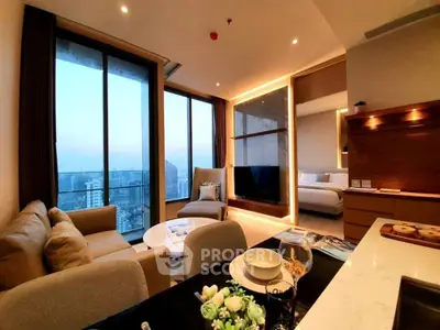 Luxurious modern living room with stunning city view and elegant interior design