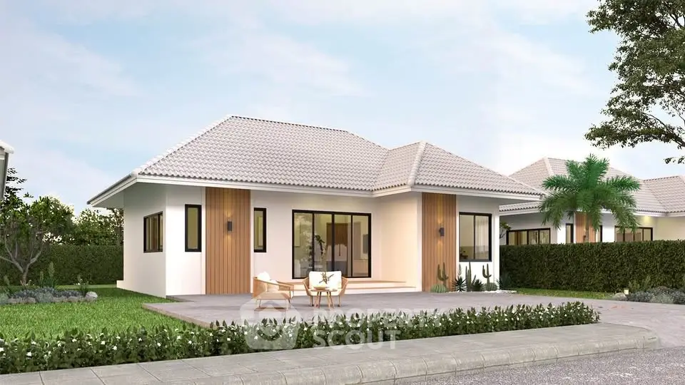 Charming modern bungalow with spacious garden and elegant exterior design.