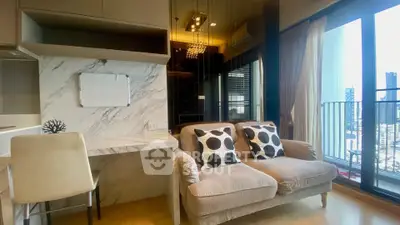 Modern living room with chic decor and city view balcony in luxury apartment.