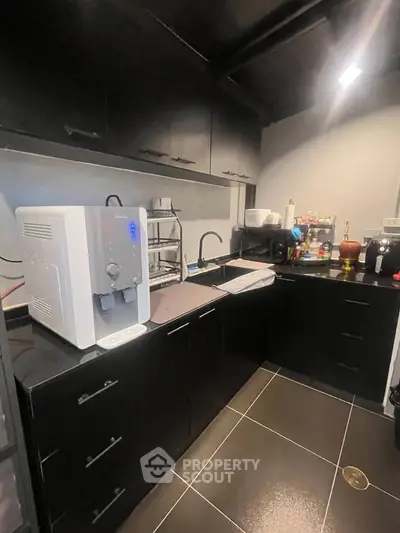 Modern kitchen with sleek black cabinets and water purifier