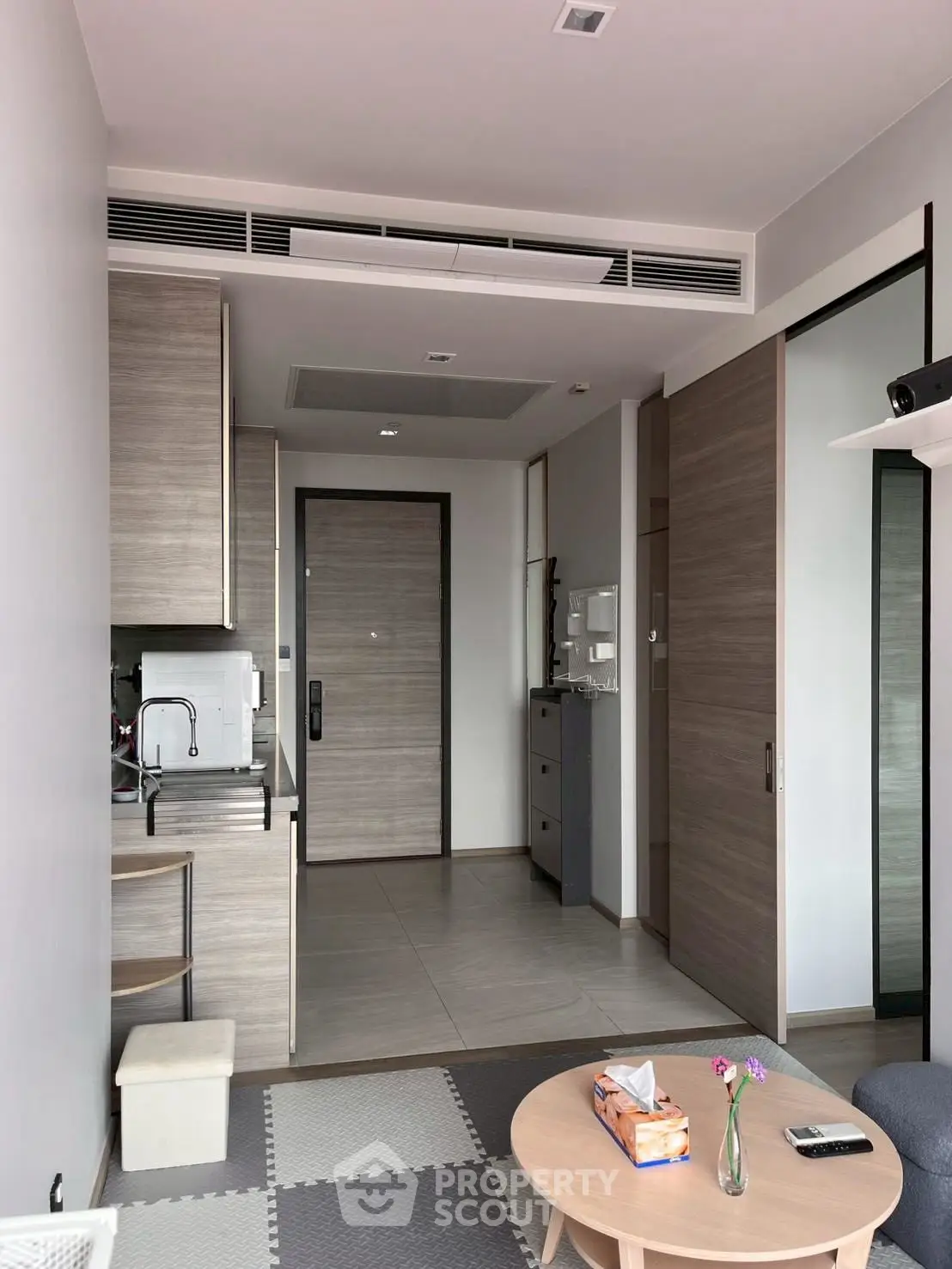 Modern apartment interior with compact kitchen and cozy living area, featuring sleek cabinetry and minimalist design.