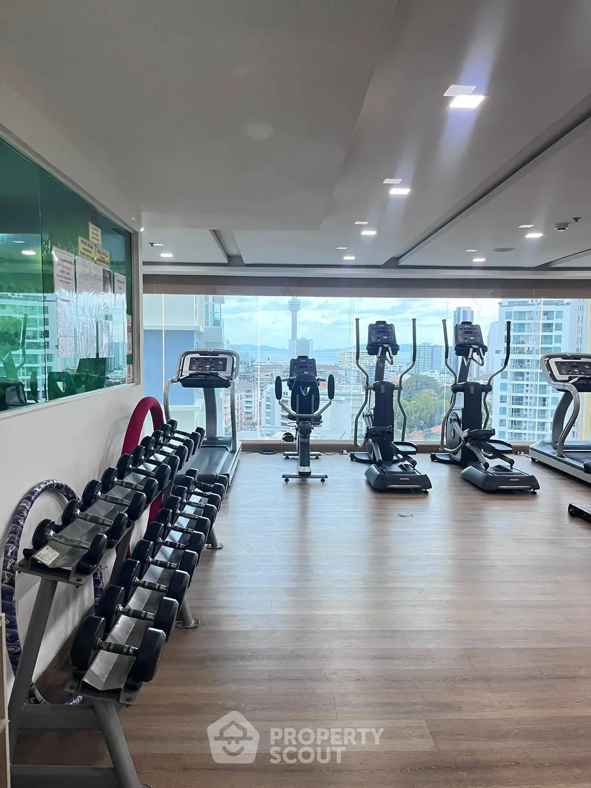 Modern gym with city view and state-of-the-art fitness equipment