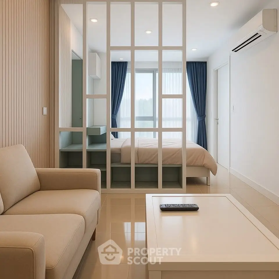 Modern studio apartment with cozy living area and bedroom separated by stylish partition.