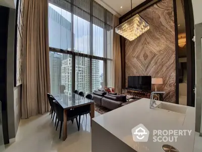 Luxurious open-plan living space with high-end finishes, floor-to-ceiling windows offering city views, and elegant furnishings.