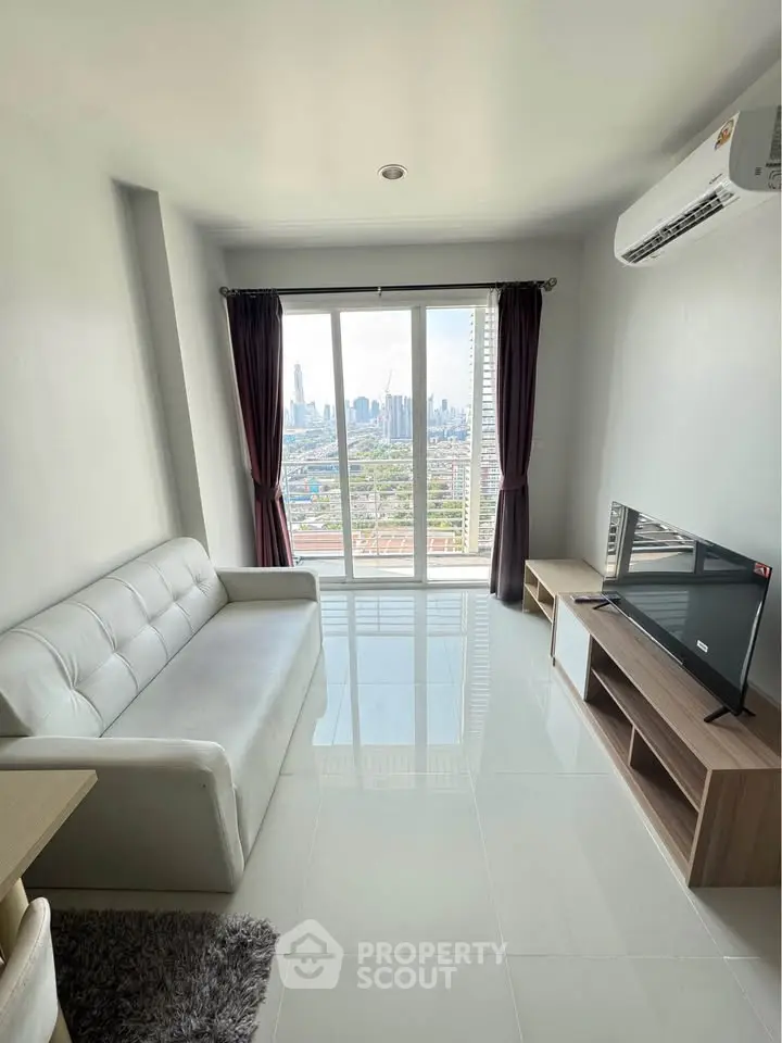 Modern living room with city view, sleek furniture, and natural light.