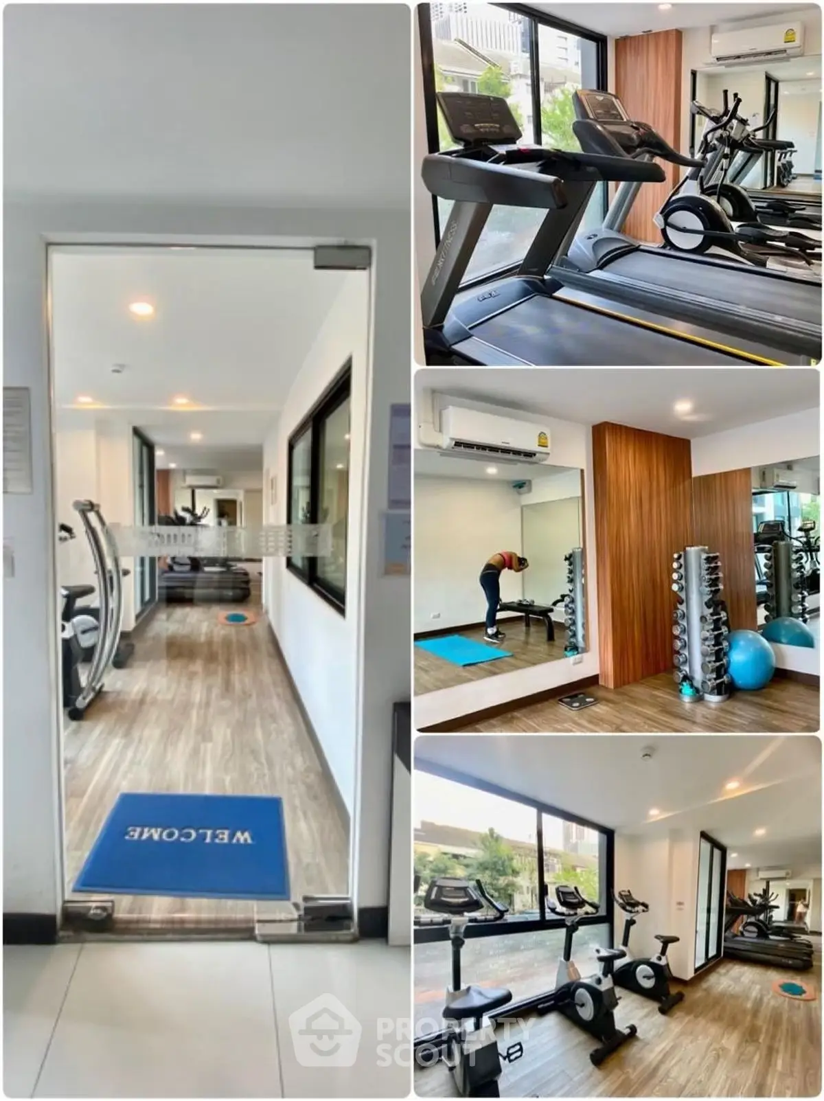 Modern gym with state-of-the-art equipment and bright interiors in a luxury real estate property.