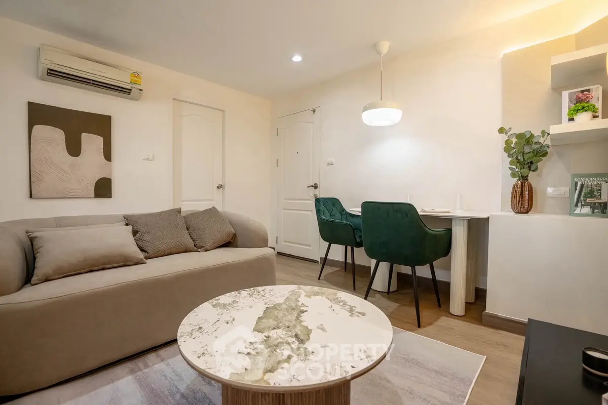 Modern living room with stylish decor and cozy seating area