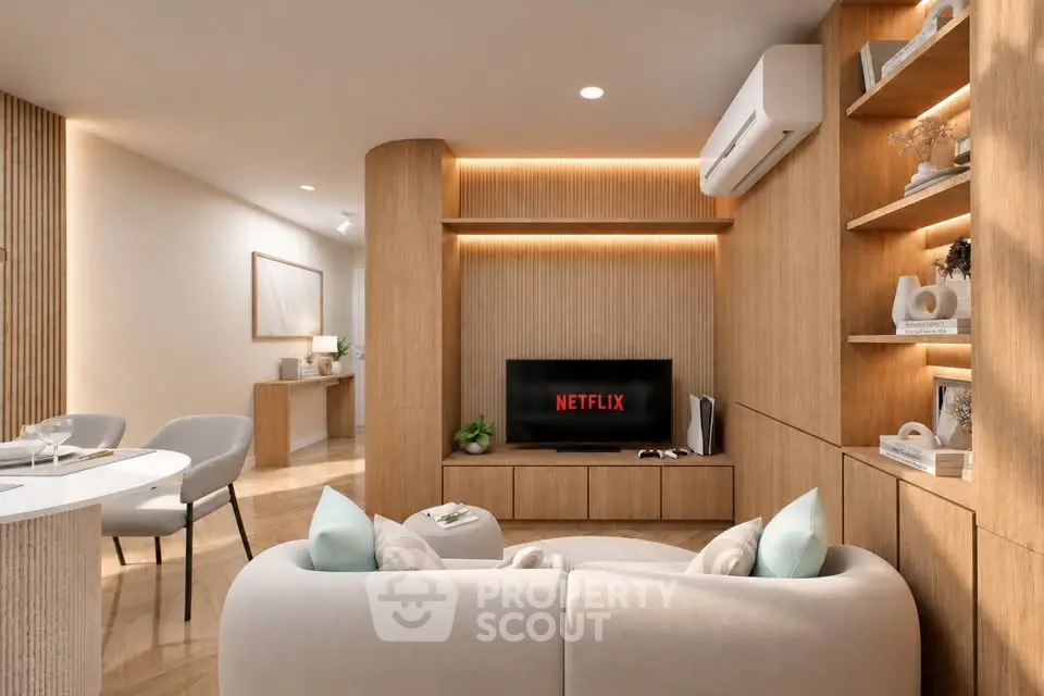 Modern living room with stylish decor and built-in wooden shelves, featuring a cozy seating area and air conditioning.
