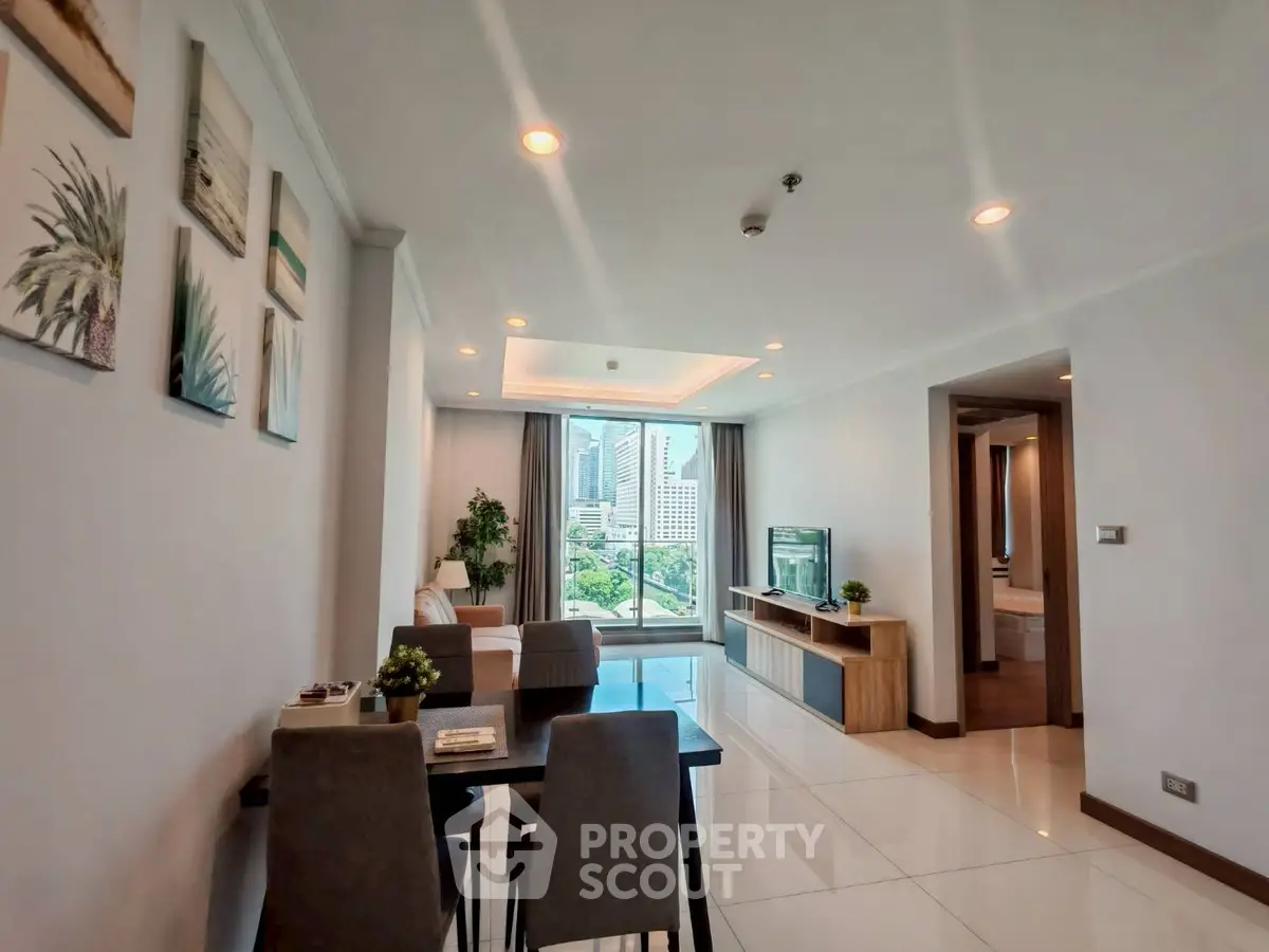 Spacious modern living room with city view and elegant decor