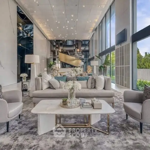 Luxurious modern living room with high ceilings and elegant decor