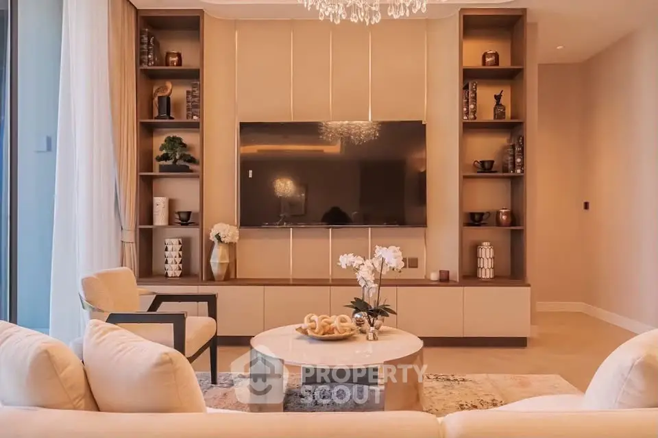 Luxurious modern living room with elegant decor and built-in shelving