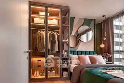 Modern bedroom with stylish decor and open wardrobe showcasing elegant design.