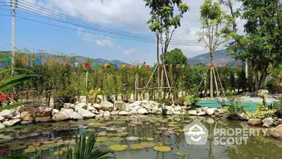 Beautiful garden with lily pond and scenic mountain view, perfect for relaxation and nature lovers.