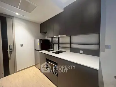 Modern kitchen with sleek cabinetry and built-in appliances in a contemporary apartment.