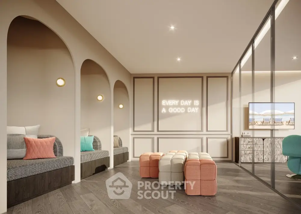 Modern living room with stylish seating and motivational wall art