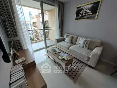 Modern living room with balcony access and stylish decor