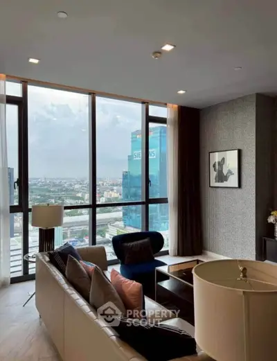 Luxurious living room with stunning city view and modern decor