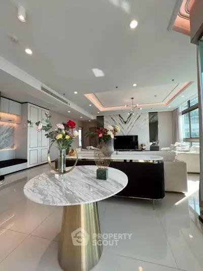 Luxurious modern living room with marble accents and elegant decor