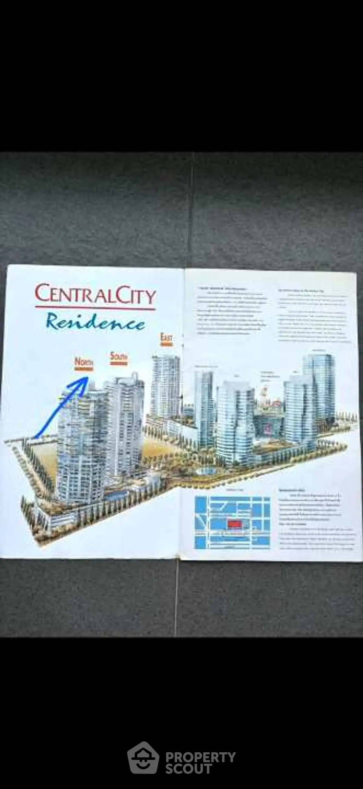 Central City Residence brochure showcasing modern high-rise buildings and site map.