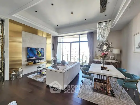 Luxurious living room with elegant decor and city view