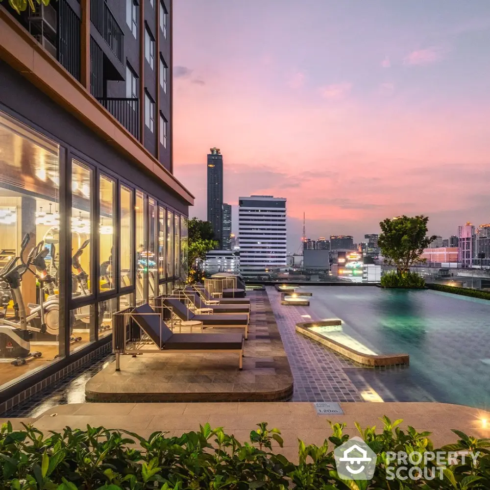 Luxurious rooftop pool with stunning city skyline view at sunset