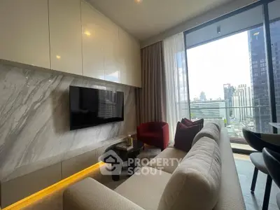 Luxurious living room with modern decor and stunning city view