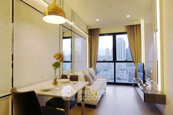 Modern living room with city view, featuring elegant decor and ample natural light.