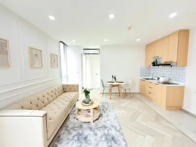 Modern living room with elegant sofa, stylish decor, and compact kitchen in open layout.